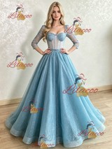 Blue Sequins Long Sleeve Appliques Prom Dress
