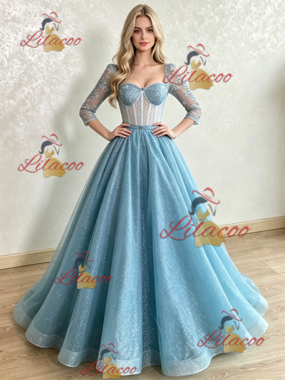 Blue Sequins Long Sleeve Appliques Prom Dress