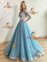 Blue Sequins Long Sleeve Appliques Prom Dress