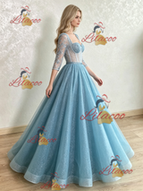 Blue Sequins Long Sleeve Appliques Prom Dress