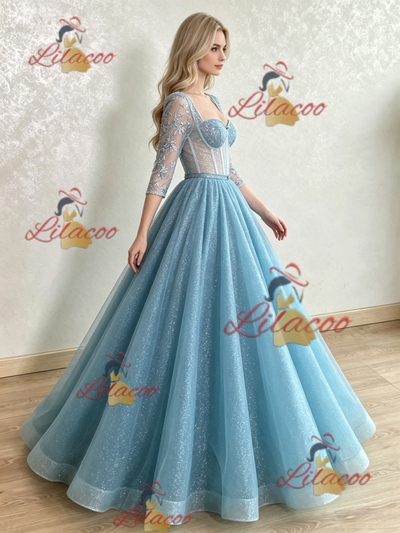 Blue Sequins Long Sleeve Appliques Prom Dress