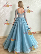 Blue Sequins Long Sleeve Appliques Prom Dress
