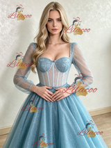 Blue Sequins Long Sleeve Appliques Prom Dress