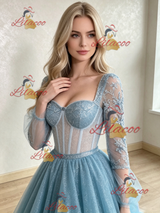 Blue Sequins Long Sleeve Appliques Prom Dress