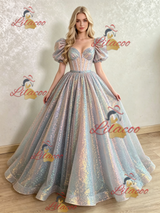 Sequins Puff Sleeve Prom Dress