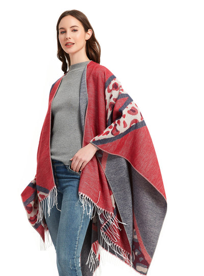 Leopard Cape Jacquard Travel Fringed Split Shawl