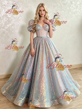 Sequins Puff Sleeve Prom Dress
