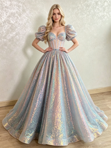 Sequins Puff Sleeve Prom Dress