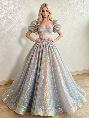 Sequins Puff Sleeve Prom Dress