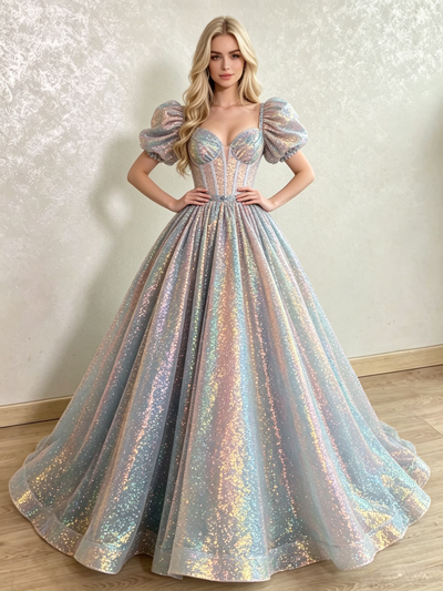 Sequins Puff Sleeve Prom Dress