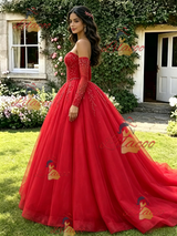 Red Tulle Long Sleeve Quinceanera Dress