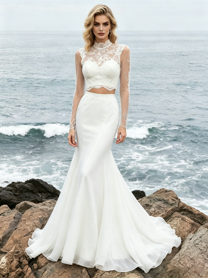 White Mermaid Two Piece Long Sleeve Wedding Dress