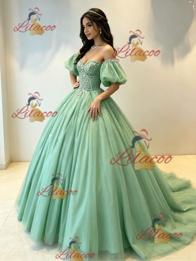 Green Tulle Puff Sleeve Beading Quinceanera Dress