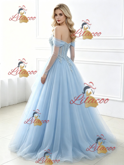 Blue Tulle Long Sleeve Appliques Prom Dress