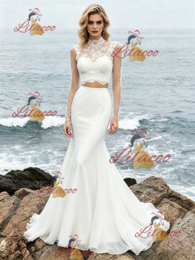 White Mermaid Two Piece Long Sleeve Wedding Dress
