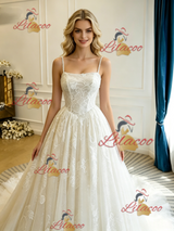 Beige White Tulle Lace Appliques Straps Wedding Dress