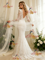White Lace Long Sleeve V-neck Wedding Dress