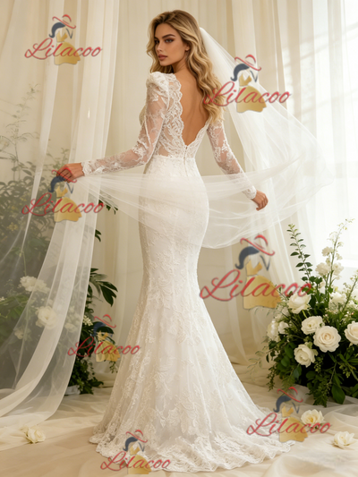 White Lace Long Sleeve V-neck Wedding Dress