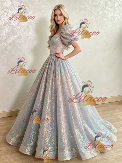 Sequins Puff Sleeve Prom Dress