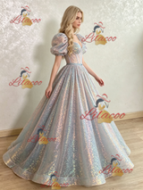 Sequins Puff Sleeve Prom Dress