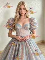 Sequins Puff Sleeve Prom Dress