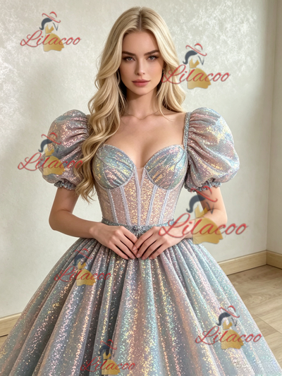 Sequins Puff Sleeve Prom Dress