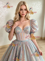 Sequins Puff Sleeve Prom Dress
