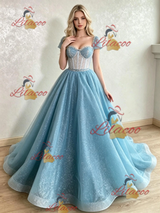 Blue Sequins Cap Sleeve Beading Prom Dress