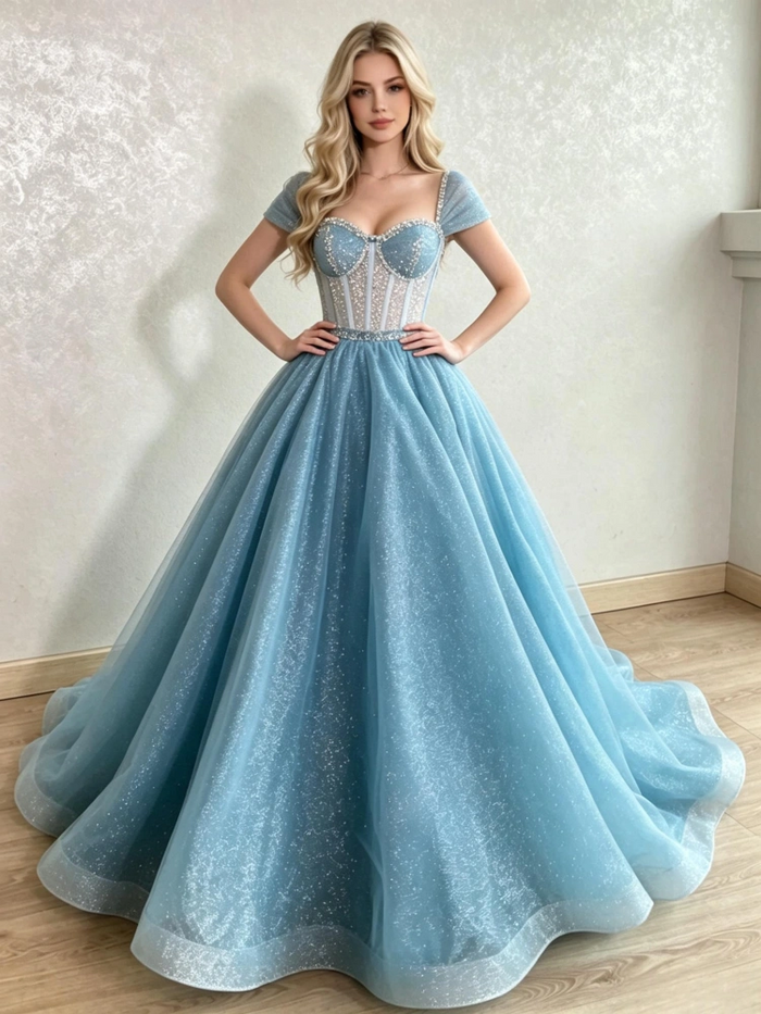 Blue Sequins Cap Sleeve Beading Prom Dress