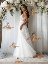 White Tulle V-neck Pleats Wedding Dress