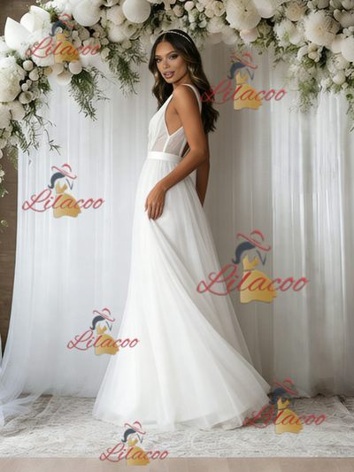 White Tulle V-neck Pleats Wedding Dress