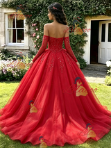 Red Tulle Long Sleeve Quinceanera Dress