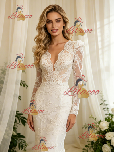 White Lace Long Sleeve V-neck Wedding Dress