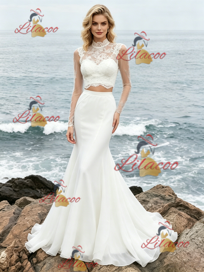 White Mermaid Two Piece Long Sleeve Wedding Dress