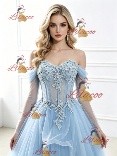 Blue Tulle Long Sleeve Appliques Prom Dress