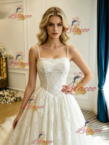 Beige White Tulle Lace Appliques Straps Wedding Dress