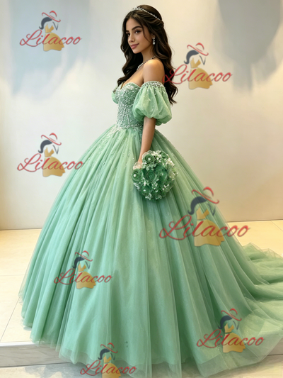 Green Tulle Puff Sleeve Beading Quinceanera Dress