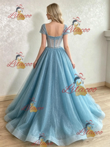 Blue Sequins Cap Sleeve Beading Prom Dress