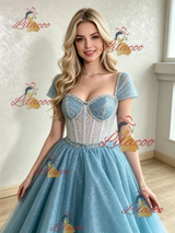Blue Sequins Cap Sleeve Beading Prom Dress