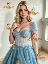 Blue Sequins Cap Sleeve Beading Prom Dress