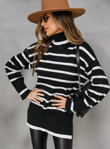 Round Neck Cotton Striped Split Sweater