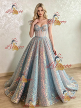 Blue Sequins Straps Prom Dress