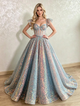 Blue Sequins Straps Prom Dress