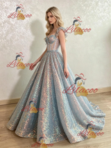 Blue Sequins Straps Prom Dress