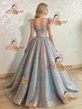 Blue Sequins Straps Prom Dress