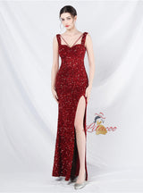 Sequins Split Straps Sleeveless Prom Dress