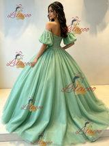 Green Tulle Puff Sleeve Beading Quinceanera Dress