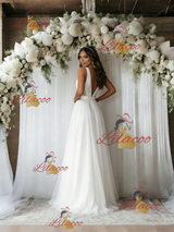 White Tulle V-neck Pleats Wedding Dress