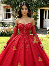 Red Tulle Long Sleeve Quinceanera Dress