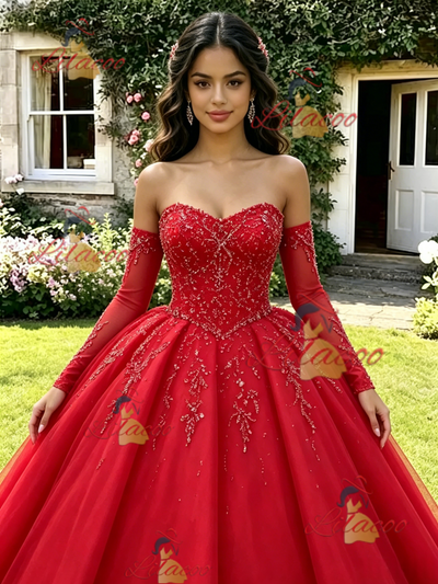 Red Tulle Long Sleeve Quinceanera Dress